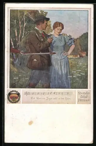 Künstler-AK Karl Friedrich Gsur, Deutscher Schulverein Nr. 464: Es blies ein Jäger wohl in das Horn, Liebespaar