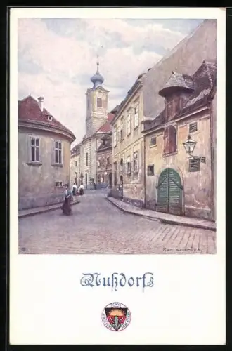 Künstler-AK Rudolf Schmidt, Deutscher Schulverein 467: Nussdorf, Blick in eine Strasse