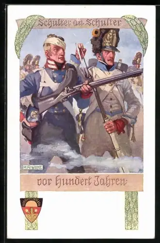 Künstler-AK Karl Alex Wilke: Deutscher Schulverein Nr. 474, Zwei Soldaten Schulter an Schulter im Kriege