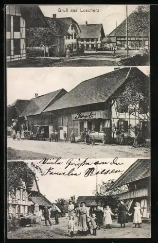 AK Lüscherz, Strassenpartie im Ort, Bewohner vor Gebäuden