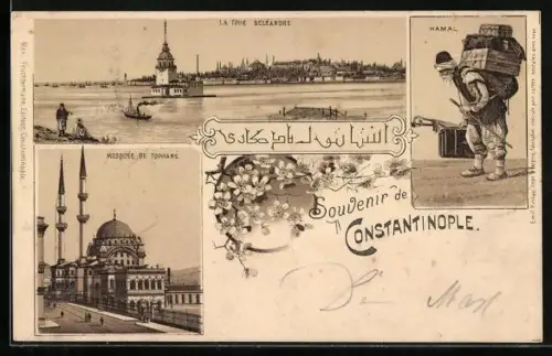 Lithographie Constantinople, Mosquée de Tophané, La Tour Beléandre, Hamal
