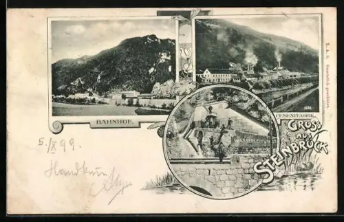 AK Steinbrück, Bahnhof, Cementfabrik, Wasserleitung