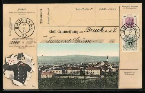 AK Bruck /Leitha, Totalansicht, Briefbote