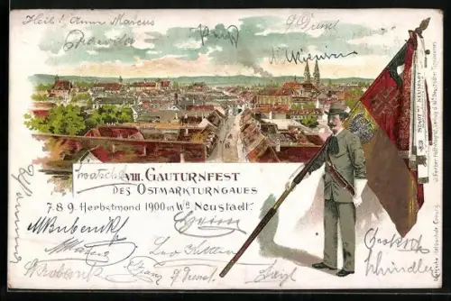 Lithographie Wiener Neustadt, VIII. Gauturnfest des Ostmarkgaues 1900, Teilansicht der Stadt