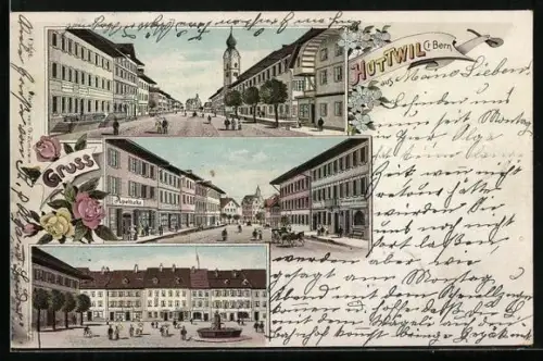 AK Huttwil /Bern, Strassenpartie mit Apotheke, Blick zur Kirche