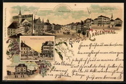 Lithographie Langenthal, Amtshausgasse, Bärengasse und Spitalgasse, Marktstrasse