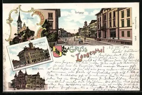Lithographie Langenthal, Hotel Bären, Dorfgasse, Kirche, Gemeindehaus