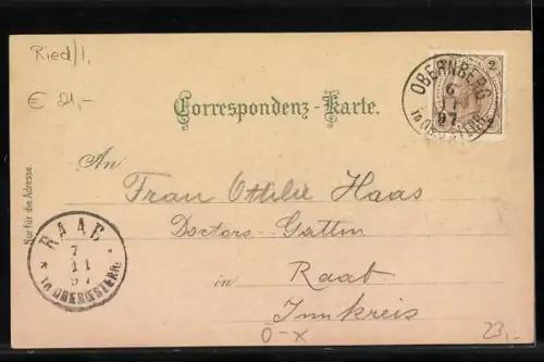 Lithographie Obernberg am Inn, Ufergasse, Volksschule, Ufer, Marktplatz