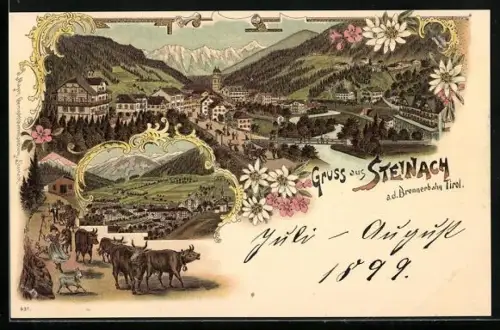 Lithographie Steinach am Brenner, Gesamtansicht, Kuhherde