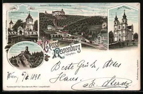 Lithographie Rosenburg i. Kampthal, Ruine Schauenstein, Schloss Eingang, Maria Dreieichen und Panorama