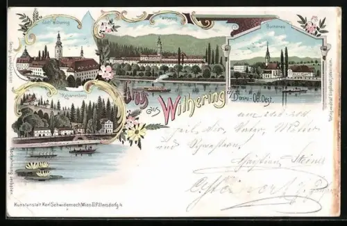 Lithographie Wilhering a. Donau, Stift, Kalvarienberg, Blick auf Buchenau