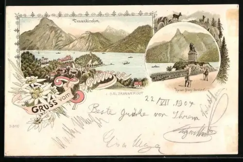 Lithographie Traunkirchen /Salzkammergut, Kaiser-Franz-Denkmal und Traunsee-Panorama