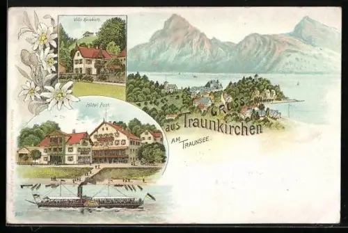 Lithographie Traunkirchen, Hotel Post, Villa Karobath, Ortsansicht, Dampfer Traunkirchen, Edelweiss