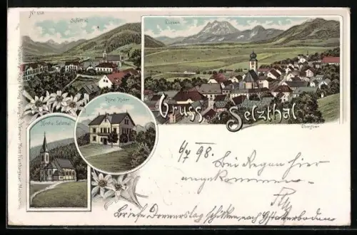 Lithographie Selzthal, Hotel Huber, Kirche, Ortsansicht