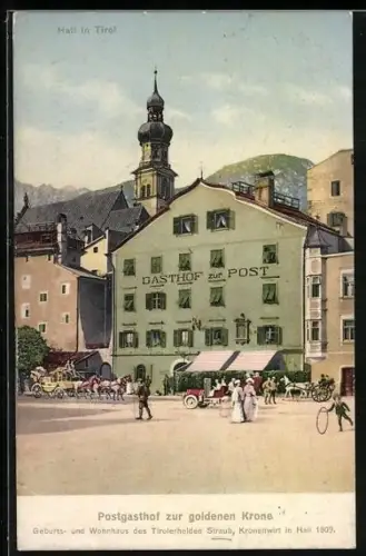 AK Hall in Tirol, Gasthof zur Krone, Geburtshaus des Tirolerhelden Straub