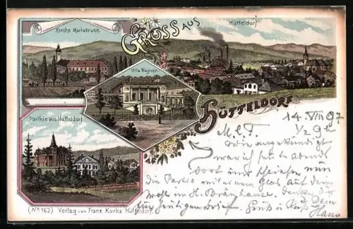 Lithographie Hütteldorf, Villa Wagner, Kirche Mariabrunn
