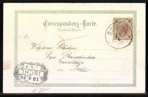 Lithographie Goisern, Erzherzogin Marie Valerie-Schwefel-Bad und Restaurant, Ortsansicht