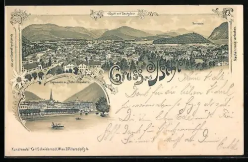 Lithographie Ischl, Esplanade und Hotel Elisabeth, Ortsansicht mit Dachstein