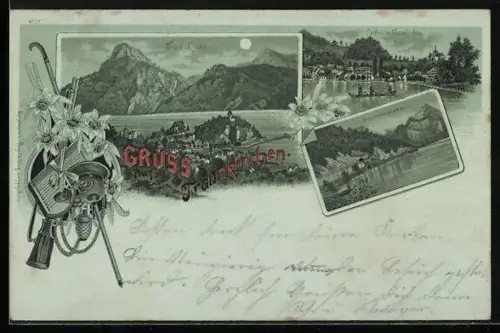 Mondschein-Lithographie Traunkirchen, Sennensteintunnel, Partie im Ort, Bergpanorama im Vollmondlicht