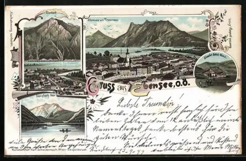 Lithographie Ebensee /O.Ö., Kranabet Sattel-Alm, Langbath-See, Rinnbach gegen die Berge, Totalansicht