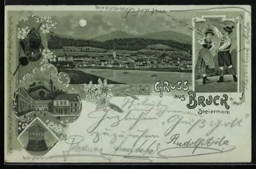Mondschein-Lithographie Bruck a. Mur, Schlossburg, Gothischer Burnnen, Paar in Trachten