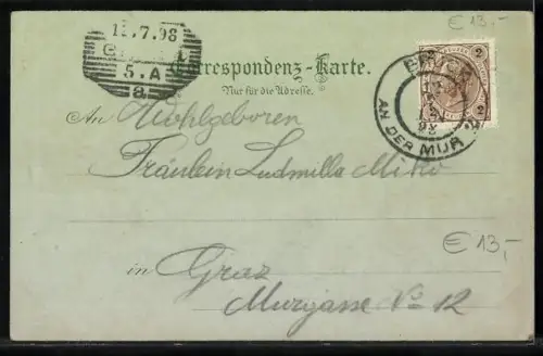 Mondschein-Lithographie Bruck a. Mur, Schlossburg, Gothischer Burnnen, Paar in Trachten