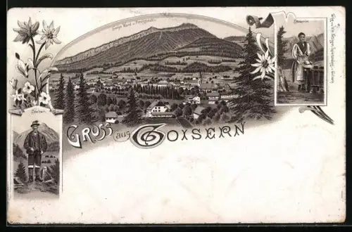 Lithographie Goisern, Ewige Wand und Predigtstuhl, Mann und Frau in Trachten