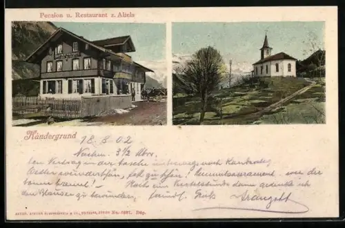 AK Kandergrund, Hotel-Pension und Restaurant z. Altels, Blick zur Kirche