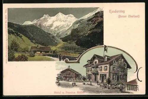 AK Kandersteg, Blick in das Tal, Hotel und Pension Müller