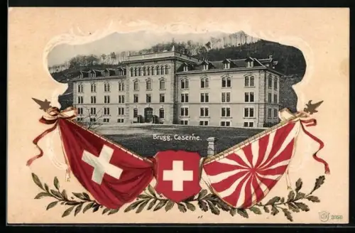 AK Brugg, Caserne mit Fahnen und Wappen