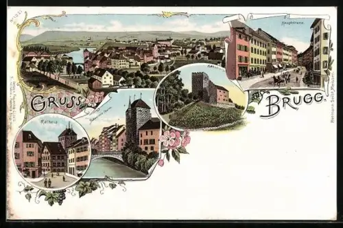 Lithographie Brugg, Hauptstrasse, Rathaus, Schwarzer Thurm, Habsburg