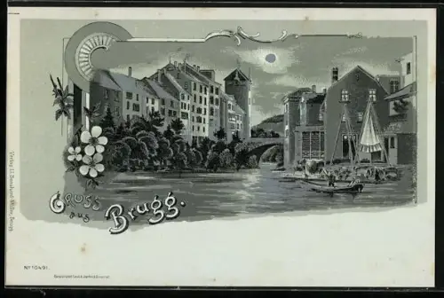 Mondschein-Lithographie Brugg /Aargau, Flusspartie mit Brücke und Kahn