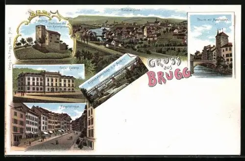 Lithographie Brugg, Genie-Kaserne, Hauptstrasse, Thurm mit Aarebrücke
