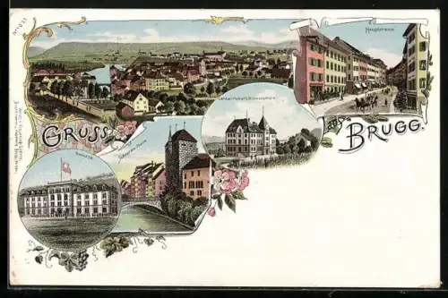Lithographie Brugg, Hauptstrasse, Kaserne, Landwirtschaftl. Winterschule, Ortsansicht