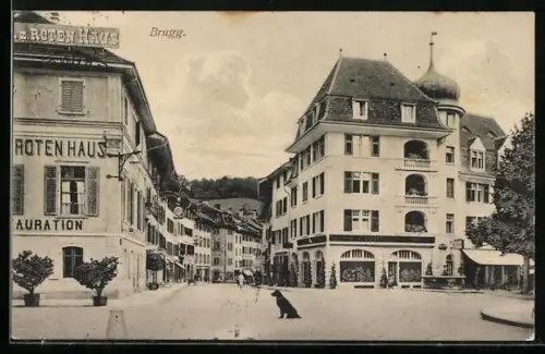 AK Brugg /Aargau, Restaurant zum Roten Haus, Ortspartie