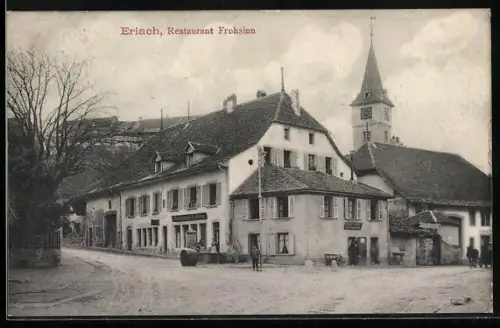 AK Erlach, Restaurant Frohsinn, Im Hintergrund Kirche