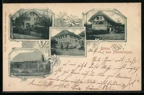 AK Hermrigen, 4 Gebäudeansichten, Passepartout mit Blumen