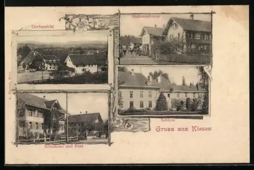 AK Kiesen, Schulhaus und Post, Schloss, Stationsstrasse, Dorfansicht