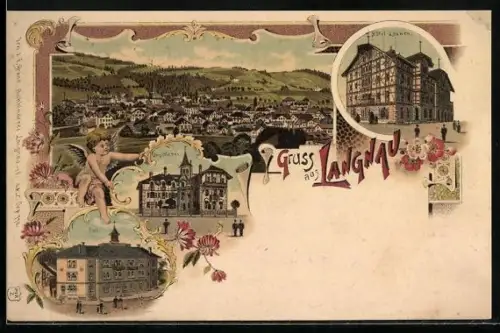 Lithographie Langnau /BE, Hotel Loewen, Post, Druckerei, Totalansicht im Passepartout