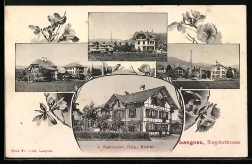AK Langnau /BE, Handlung und Bleiche A. Fankhauser, Burgdorfstrasse, Ortspartien