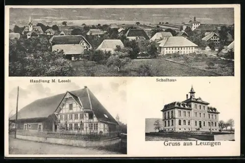 AK Leuzigen, Handlung M. Loosli, Schulhaus, Ortsansicht mit Kirche