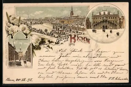 Vorläufer-Lithographie Bern, 1895, Zeitglockenthurm, Rathhaus und Panorama