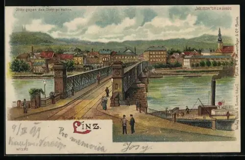 Lithographie Linz, Brücke und Urfahr, Leuchtender Mond bei Halt gegen das Licht