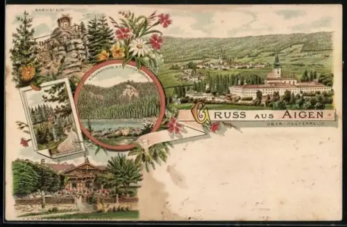 Vorläufer-Lithographie Aigen /Ober-Oesterreich, 1894, Restaurant von H. A. Halmesberger, Calvarienberg und Barnstein