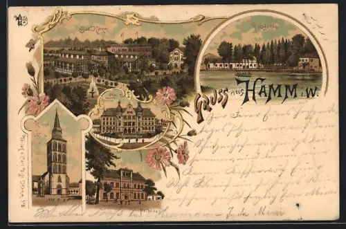 Lithographie Hamm / Westfalen, Oberlandes Gericht, Kirche, Feldhaus, Rietzgarten, Feldhaus