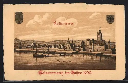 Lithographie Kaiserswerth, Teilansicht mit Kirche im Jahre 1650