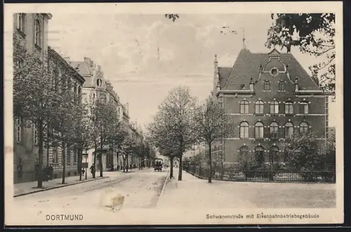 AK Dortmund, Schwanenstrasse mit Eisenbahnbetriebsgebäude