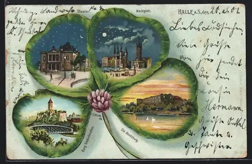 Passepartout-Lithographie Halle a. Saale, Theater, Marktplatz und Moritzburg in Kleeblatt