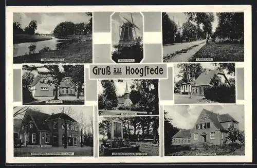 AK Hoogstede, Molkerei, Postagentur und Geschäftshaus Sloot, Windmühle