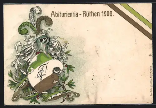 Künstler-AK Rüthen, Abiturientia 1906, Ritterhelm mit Studentenwappen, Absolvia